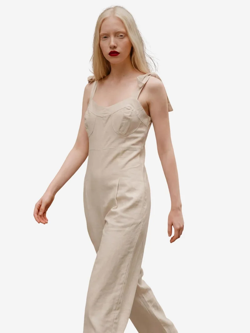 MY FASHION Beige Natural MY FASHION Sweetheart Neck Linen Blend Jumpsuit for Women | Best Price UAE